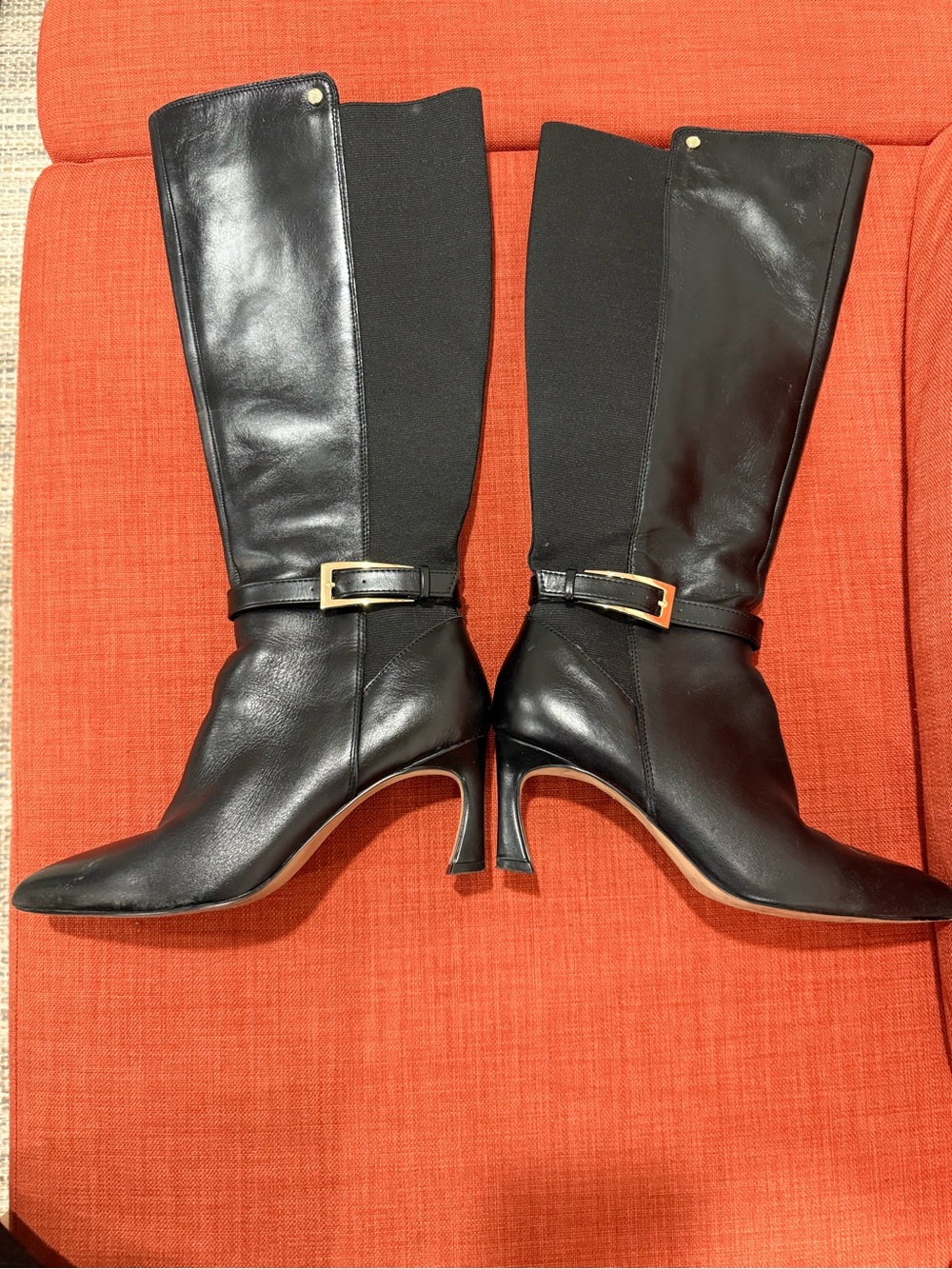 Vince Camuto Black Leather Mid-Calf Heeled Boots with Gold Buckle